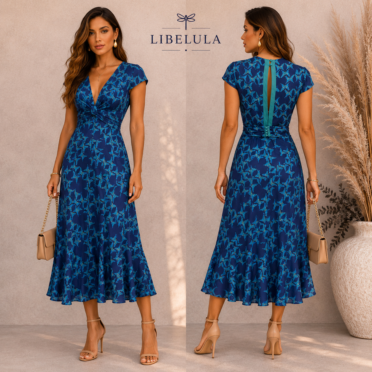 Libelula Blue Butterfly Silk Summer Slip Dress UK 14