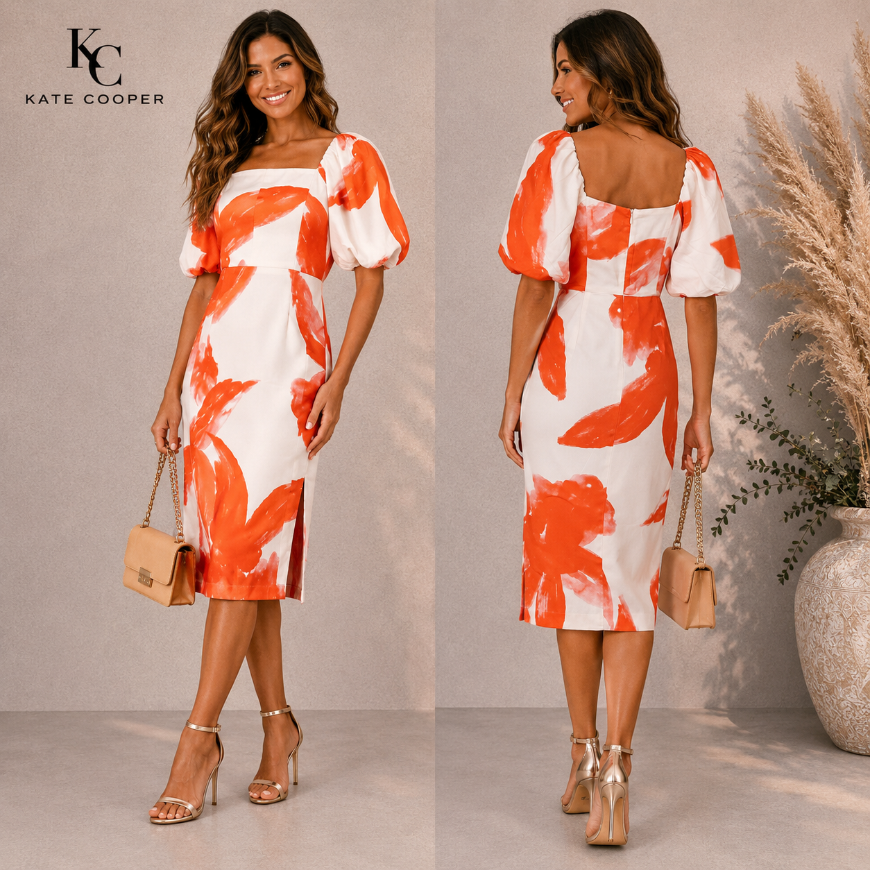 Mint Velvet Orange Cream Satin Puff Sleeve Dress UK 12