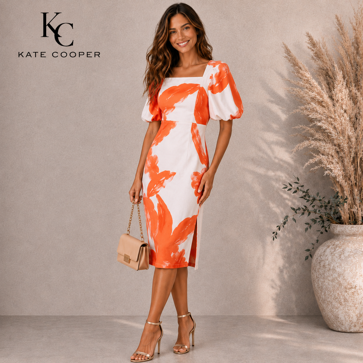 Mint Velvet Orange Cream Satin Puff Sleeve Dress UK 12