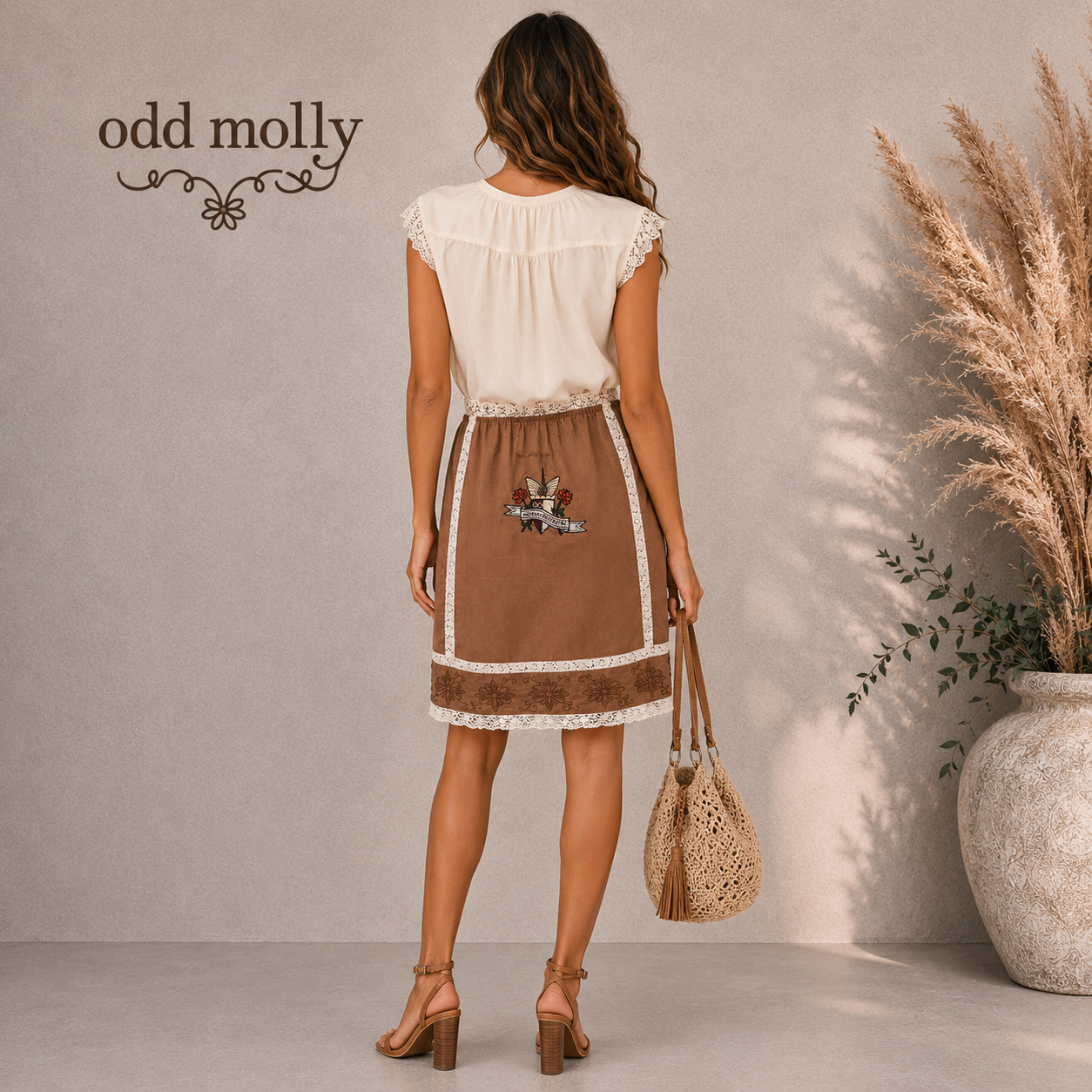 Odd Molly Milk Chocolate Cotton & Lace Mini Skirt UK 10