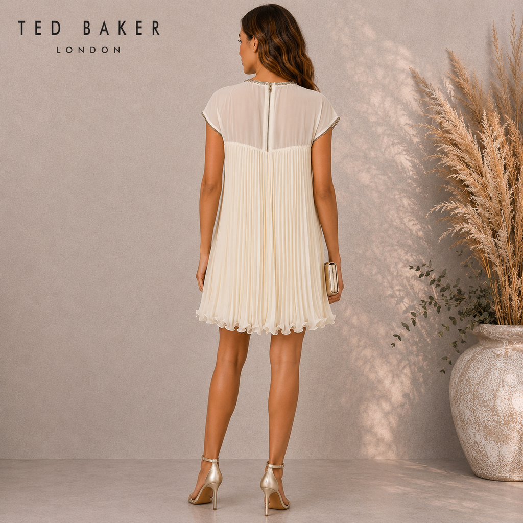 Ted Baker Cream Pleated Chiffon Beaded Dress UK 8