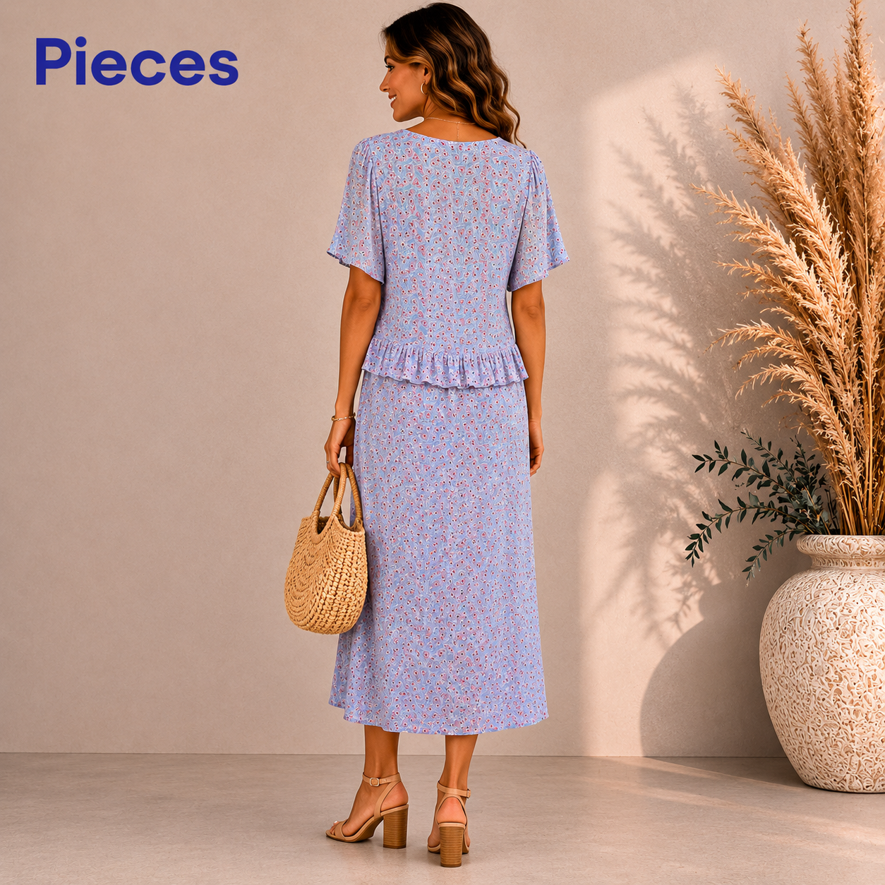 Pieces Blue & Pink Floral Dress UK 10