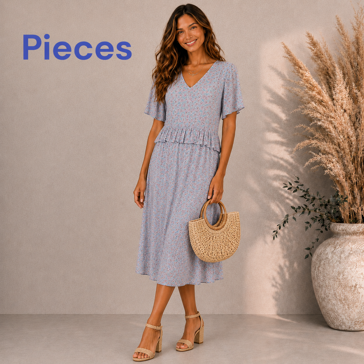 Pieces Blue & Pink Floral Dress UK 10