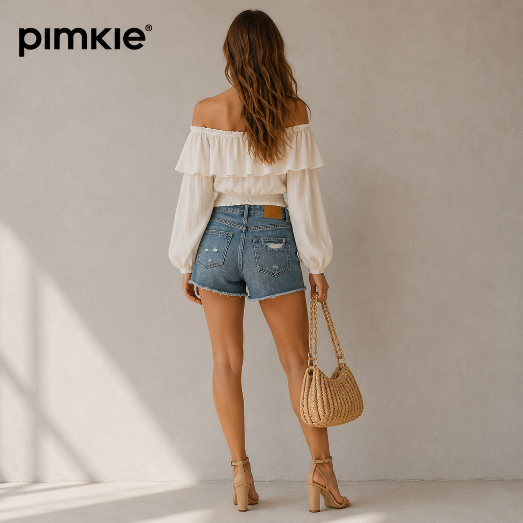 Pimkie Blue Denim High Waisted Frayed Shorts UK 8
