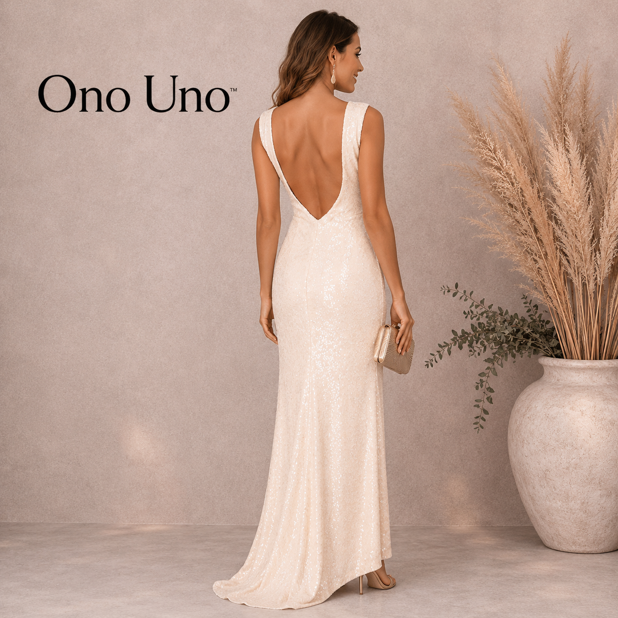 Ono Uno Blush Peach Sequin Backless Maxi Dress UK 10