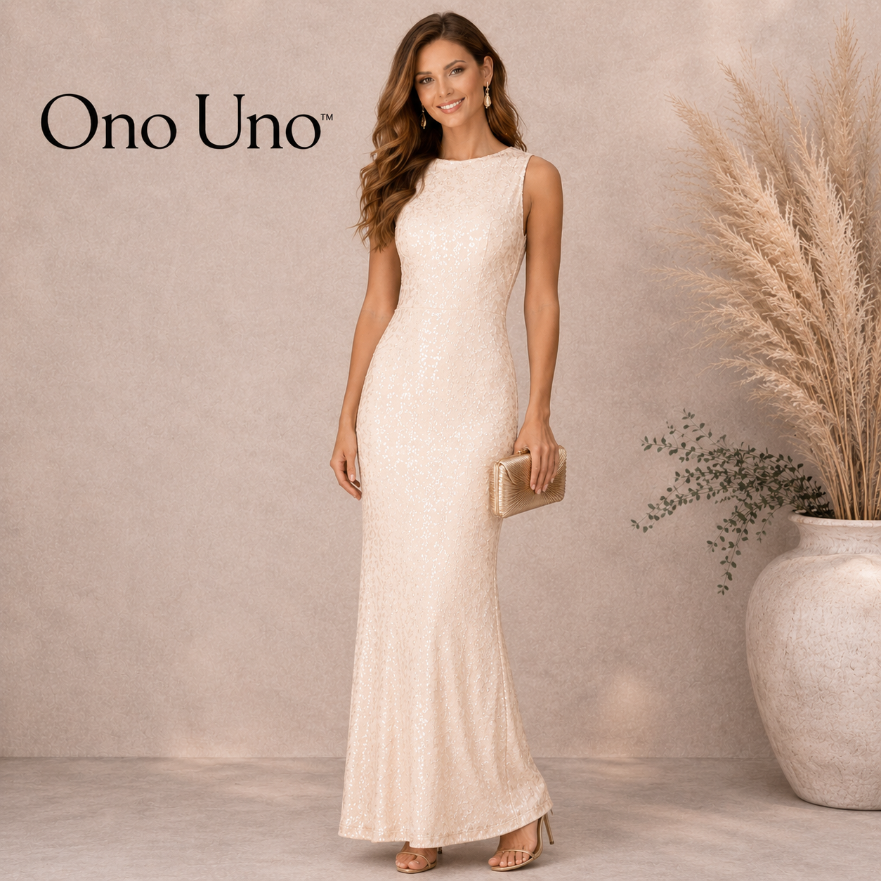 Ono Uno Blush Peach Sequin Backless Maxi Dress UK 10