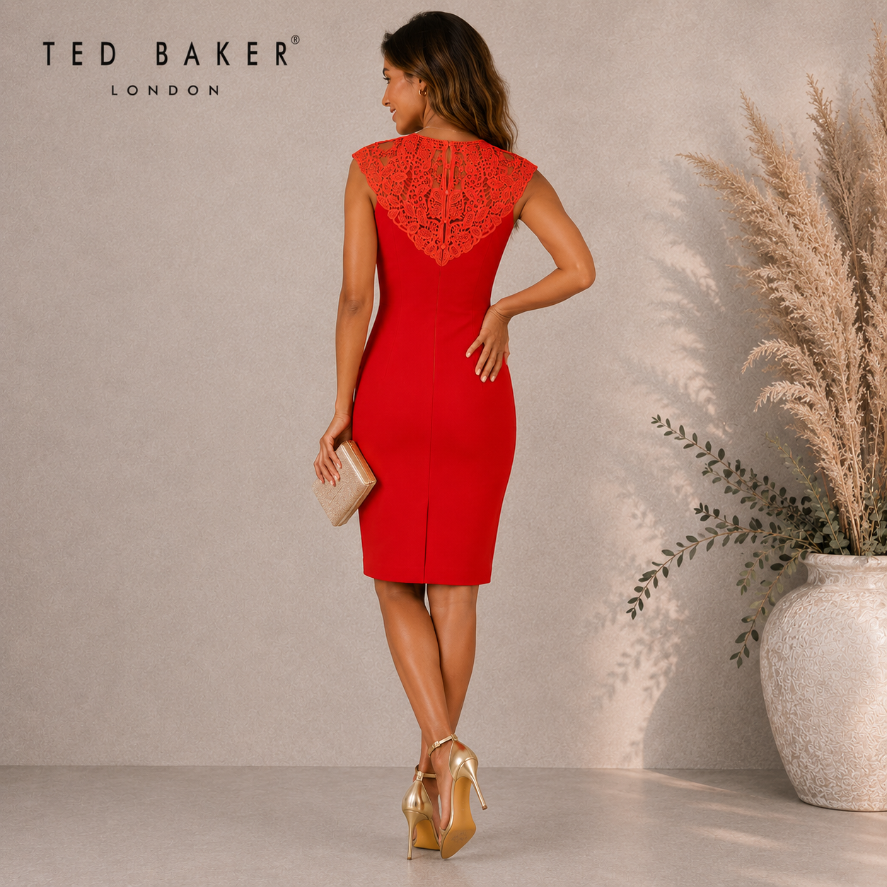 Ted Baker Violina Neon Orange Lace Neck Dress UK 8