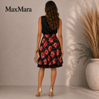 Max Mara Vintage Black Pink Silk Floral Pleated Midi Skirt UK 10
