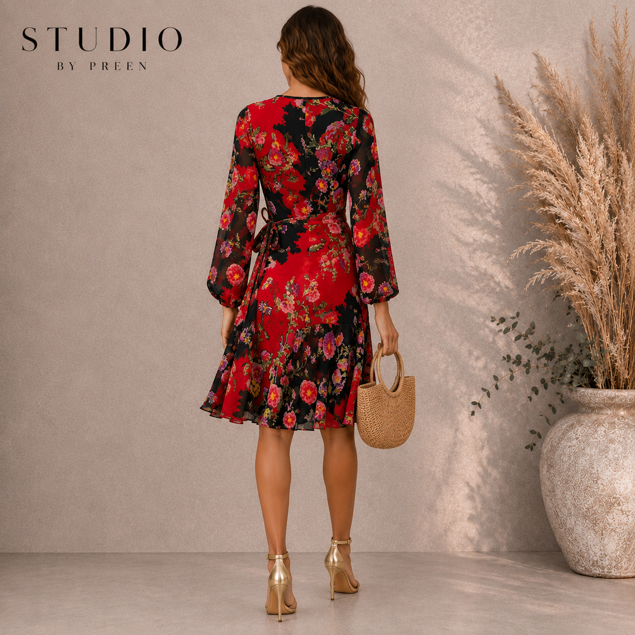 Studio by Preen Black Red Floral Chiffon Wrap Dress UK 14