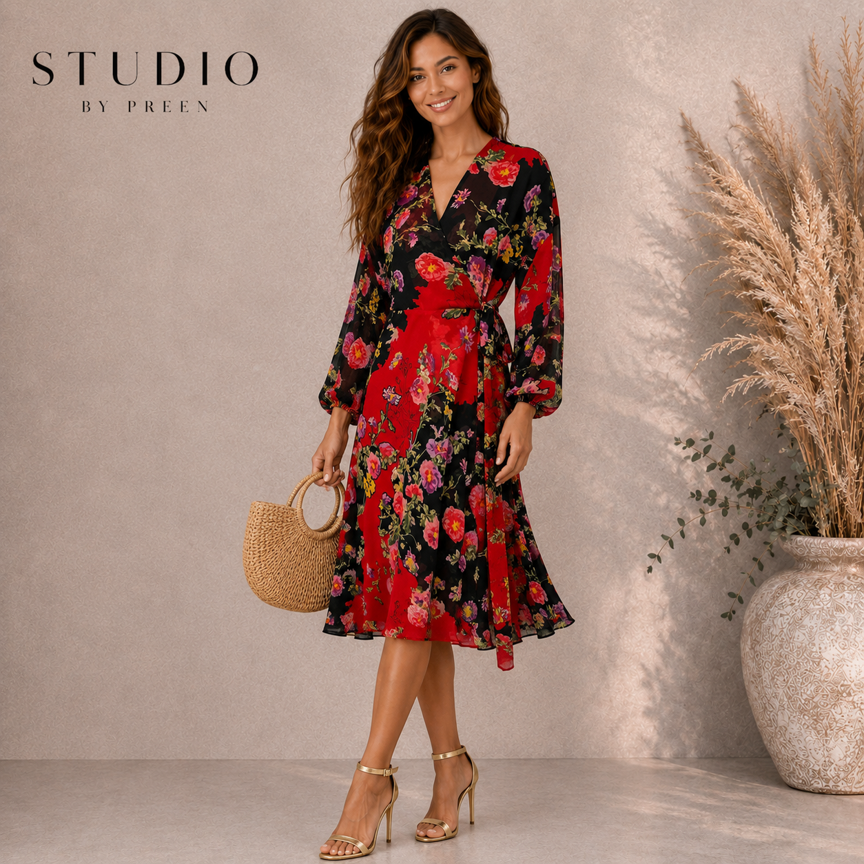 Studio by Preen Black Red Floral Chiffon Wrap Dress UK 14