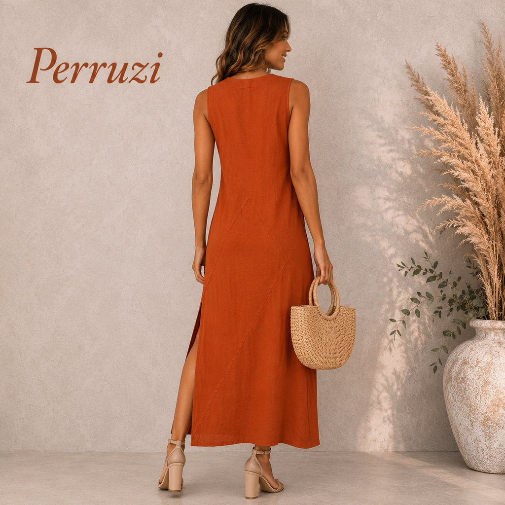 Peruzzi Rust Linen Sleeveless Long Dress UK 10