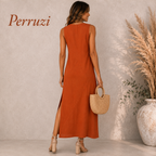Peruzzi Rust Linen Sleeveless Long Dress UK 10