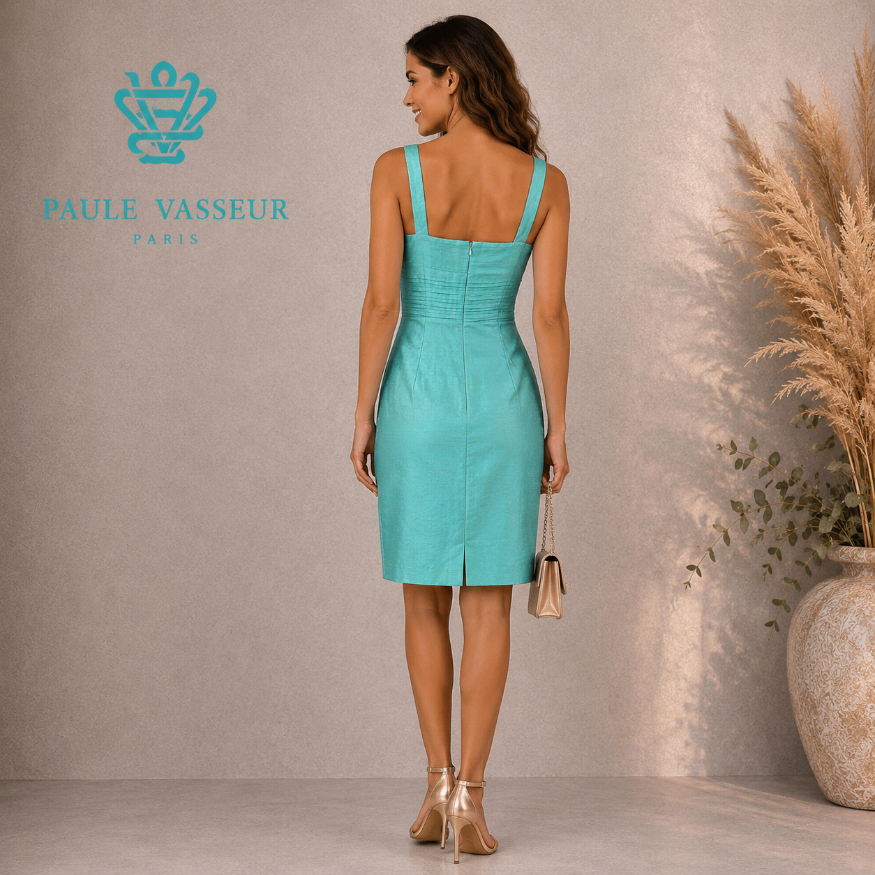Paule Vasseur Aqua Turquoise Raw Silk Occasion Dress UK 10
