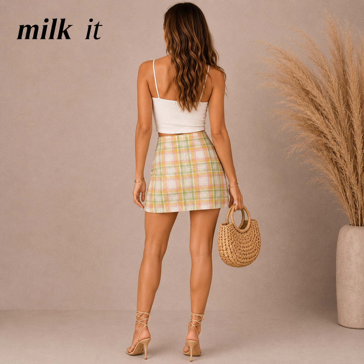 Milk It Green, Pink & Yellow Cotton Check Skirt UK 12
