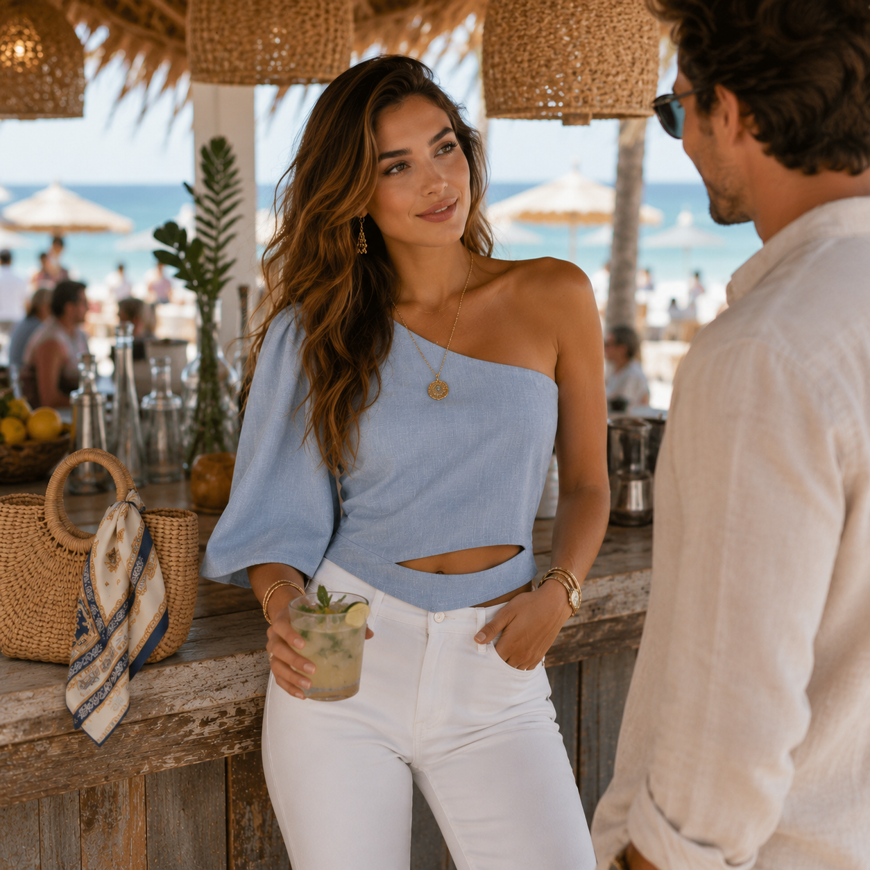 Zara Light Blue One Sleeve Linen Mix Cropped Top UK 12