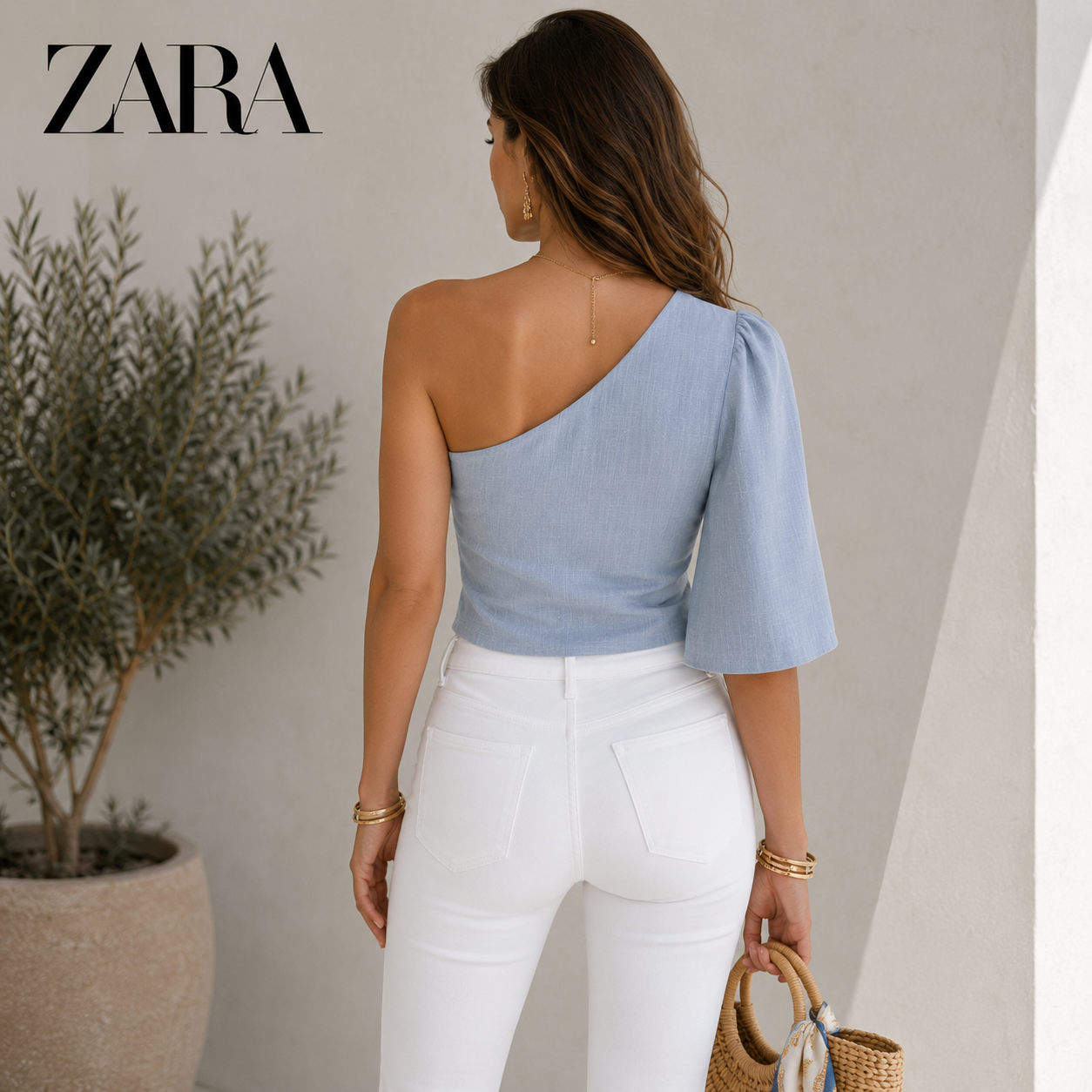 Zara Light Blue One Sleeve Linen Mix Cropped Top UK 12