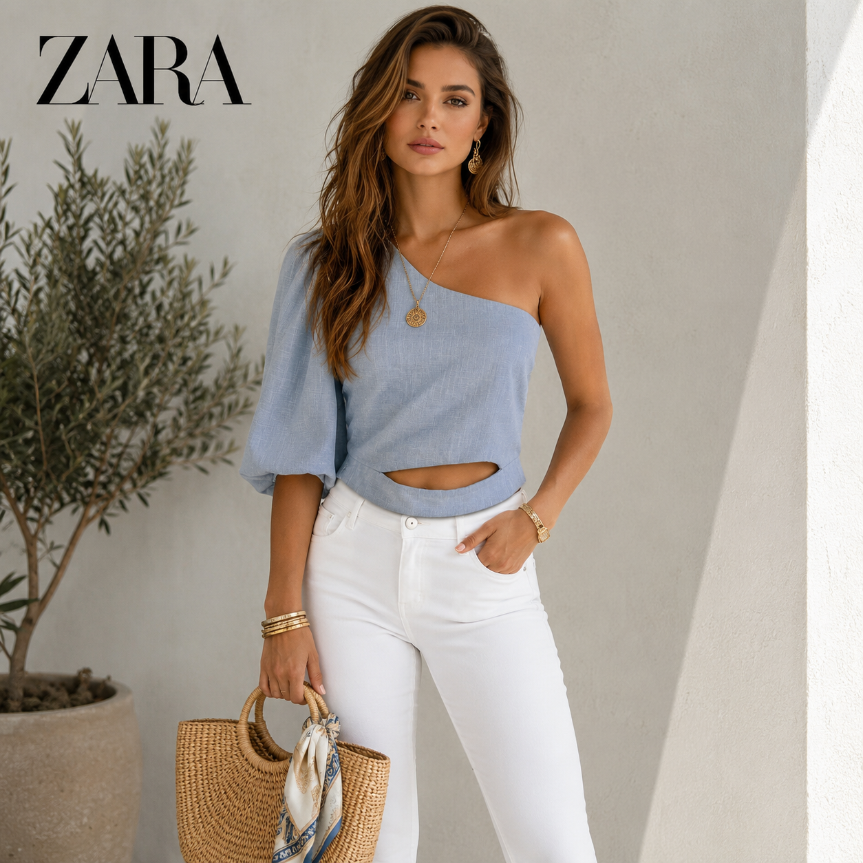 Zara Light Blue One Sleeve Linen Mix Cropped Top UK 12