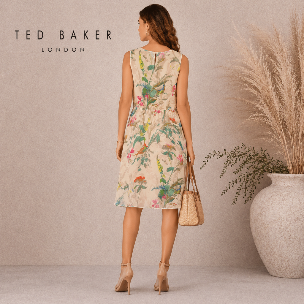 Ted Baker Cream Floral Silky Chiffon Floaty Dress  UK 12