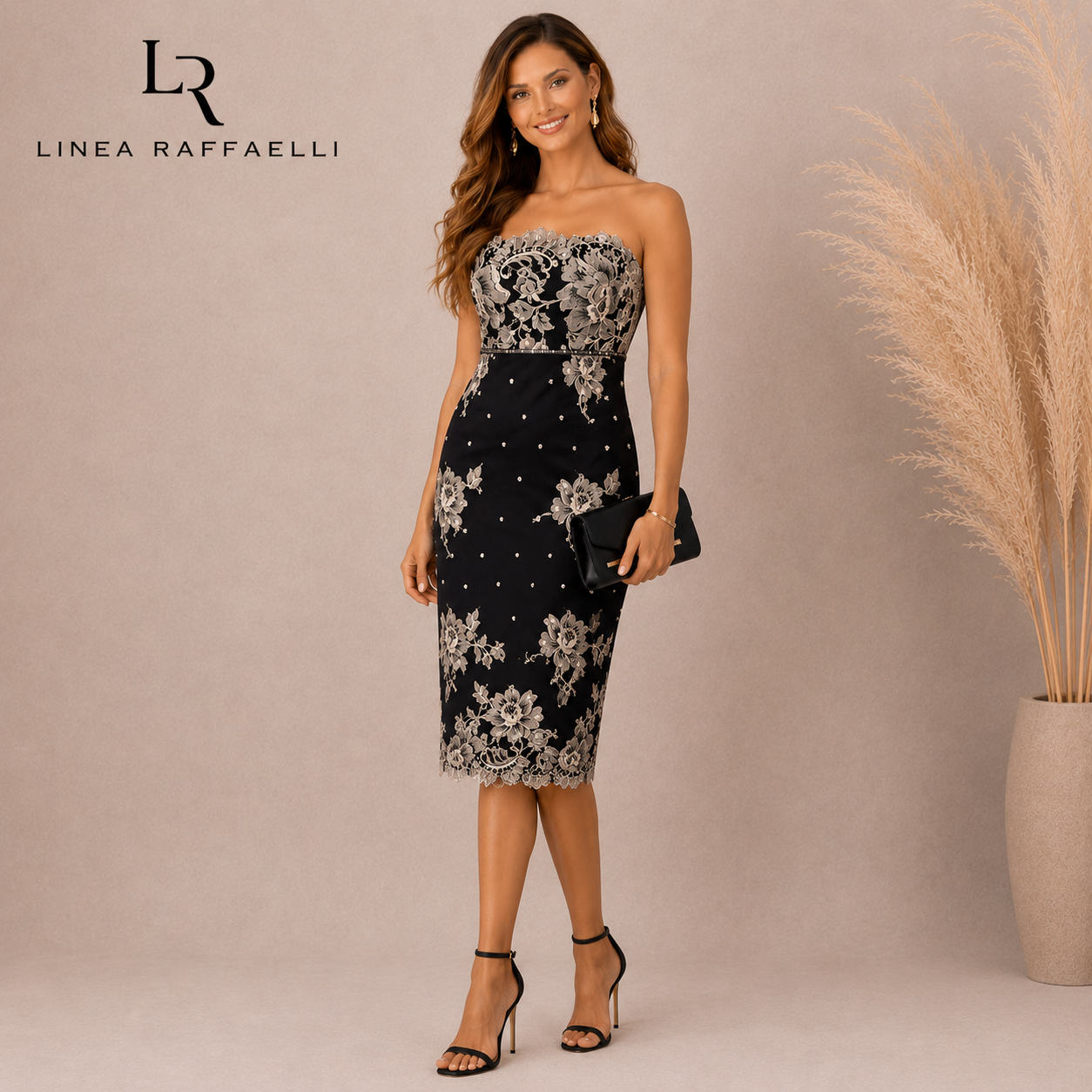 Linea Raffaelli Black Mesh Ivory Lace Silk Floral Dress UK 14