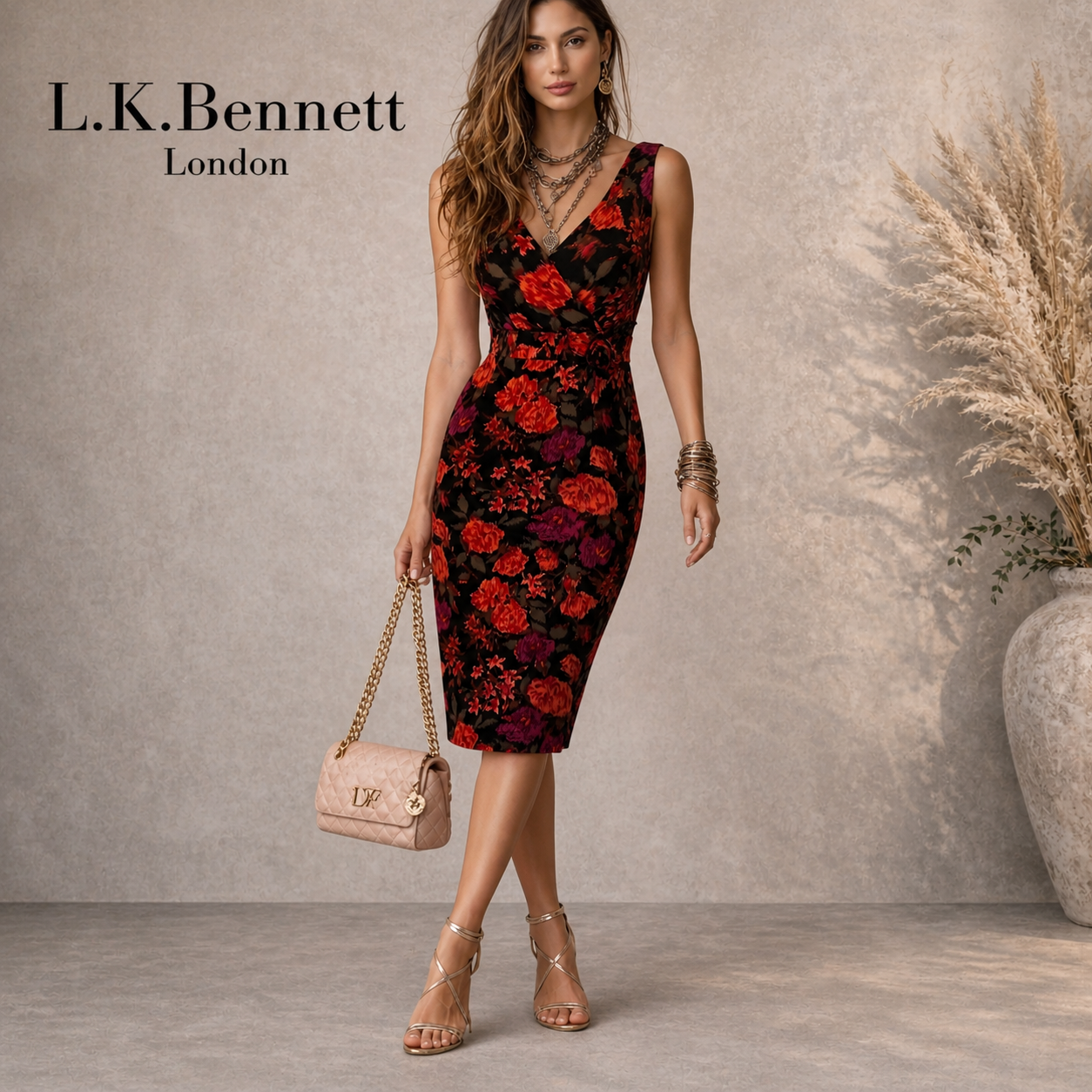 L.K. Bennett Black Orange Silk Dress UK 8