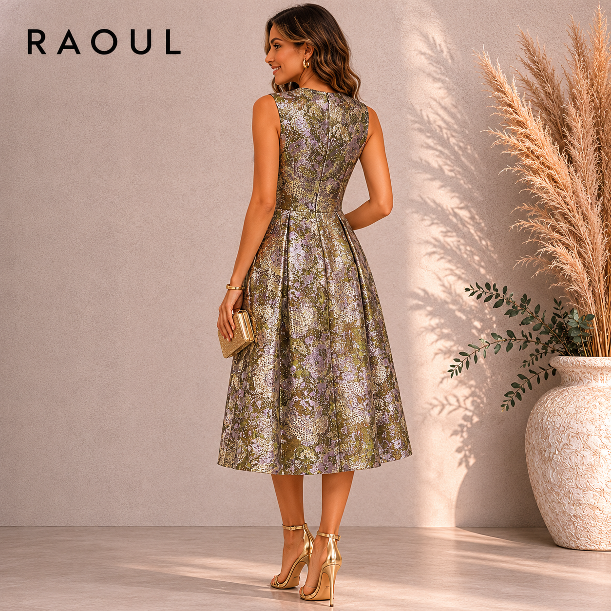 Raoul Donata Pleated Gold Purple Metallic Jacquard Dress UK 4
