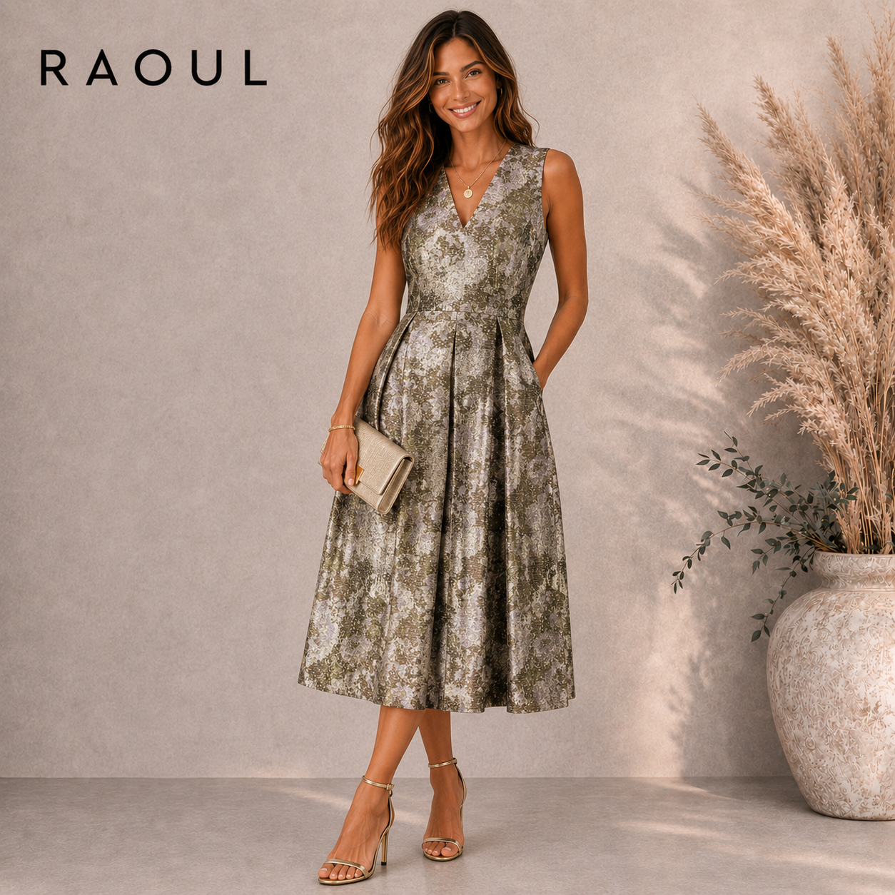Raoul Donata Pleated Gold Purple Metallic Jacquard Dress UK 4