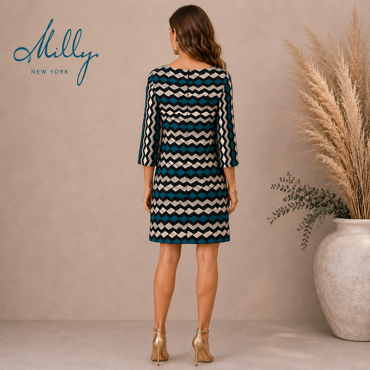 MILLY New York Teal Black Silk Dress UK 8