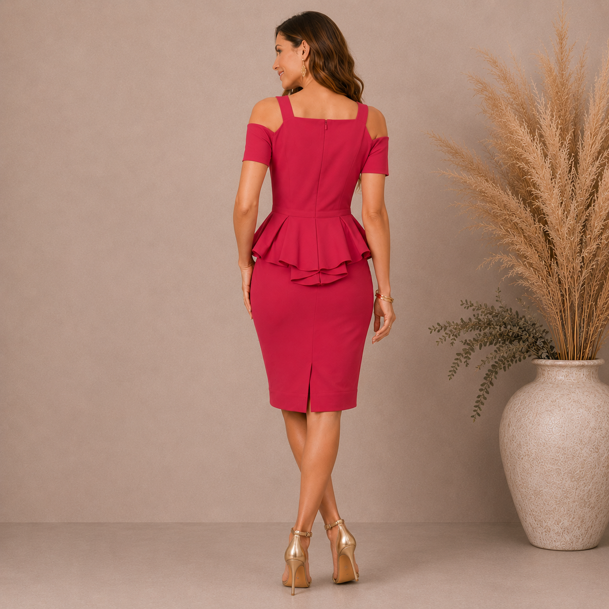 RAOUL Sloane Red Cold Shoulder Crepe Peplum Midi Dress UK 8/10