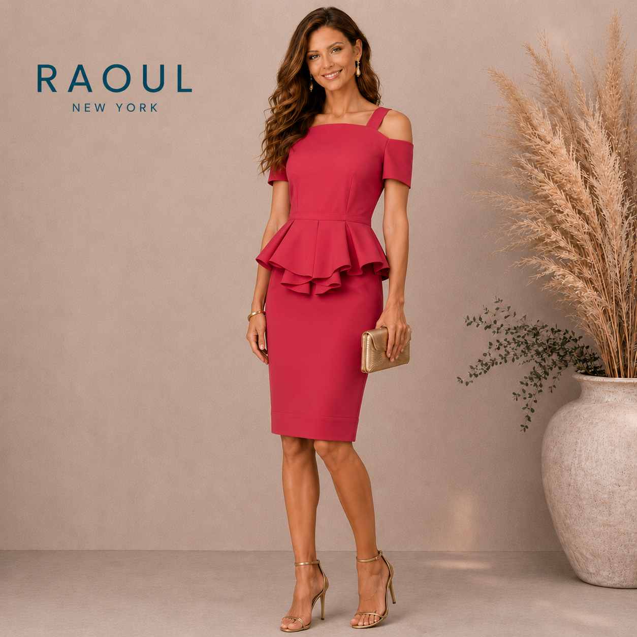 RAOUL Sloane Red Cold Shoulder Crepe Peplum Midi Dress UK 8/10