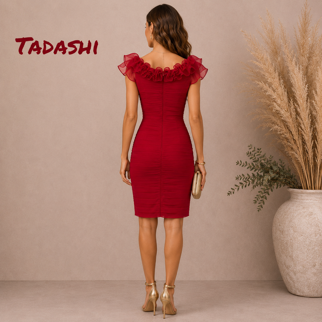 Tadashi Red Silk Sleeveless V Neck Ruffle Dress UK 6