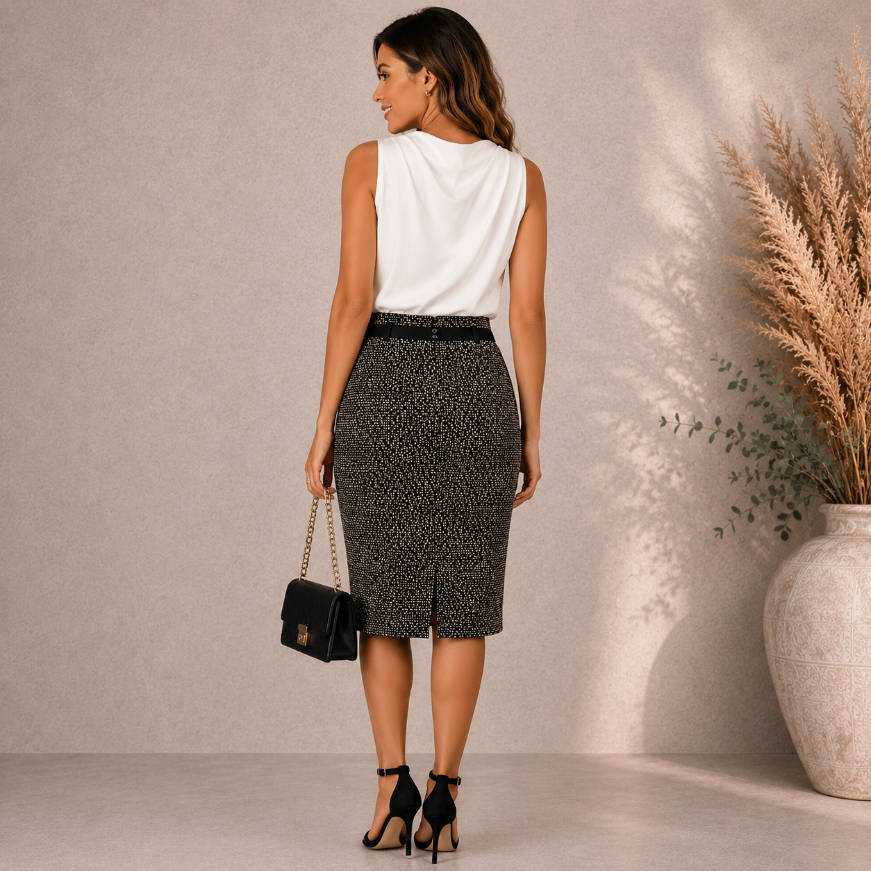 Escada Black Tweed Wool Mix Pencil Skirt UK 10