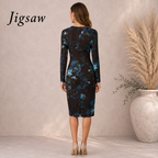 Jigsaw Navy Floral Long Sleeve Pencil Dress UK 6