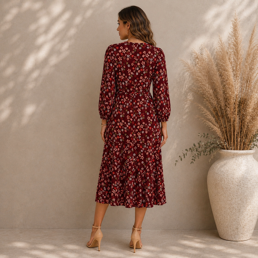 M&S Collection Dark Red Ditsy Floral Dress UK 8