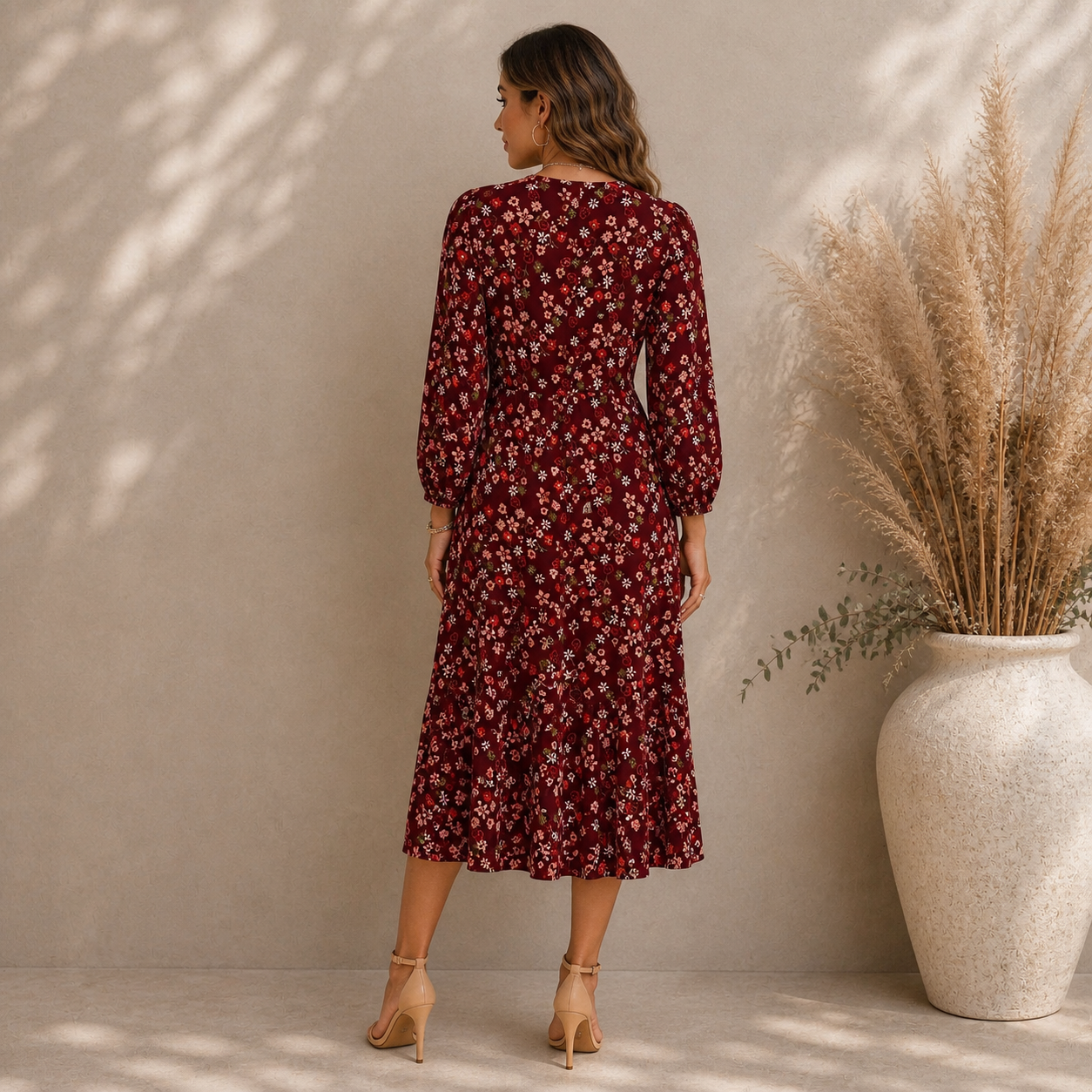 M&S Collection Dark Red Ditsy Floral Dress UK 8