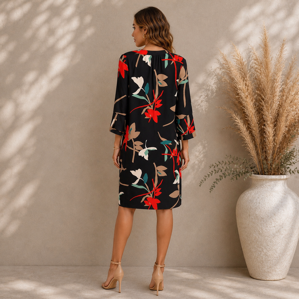 M&S Black Floral Leaf Long Sleeve Dress UK 6