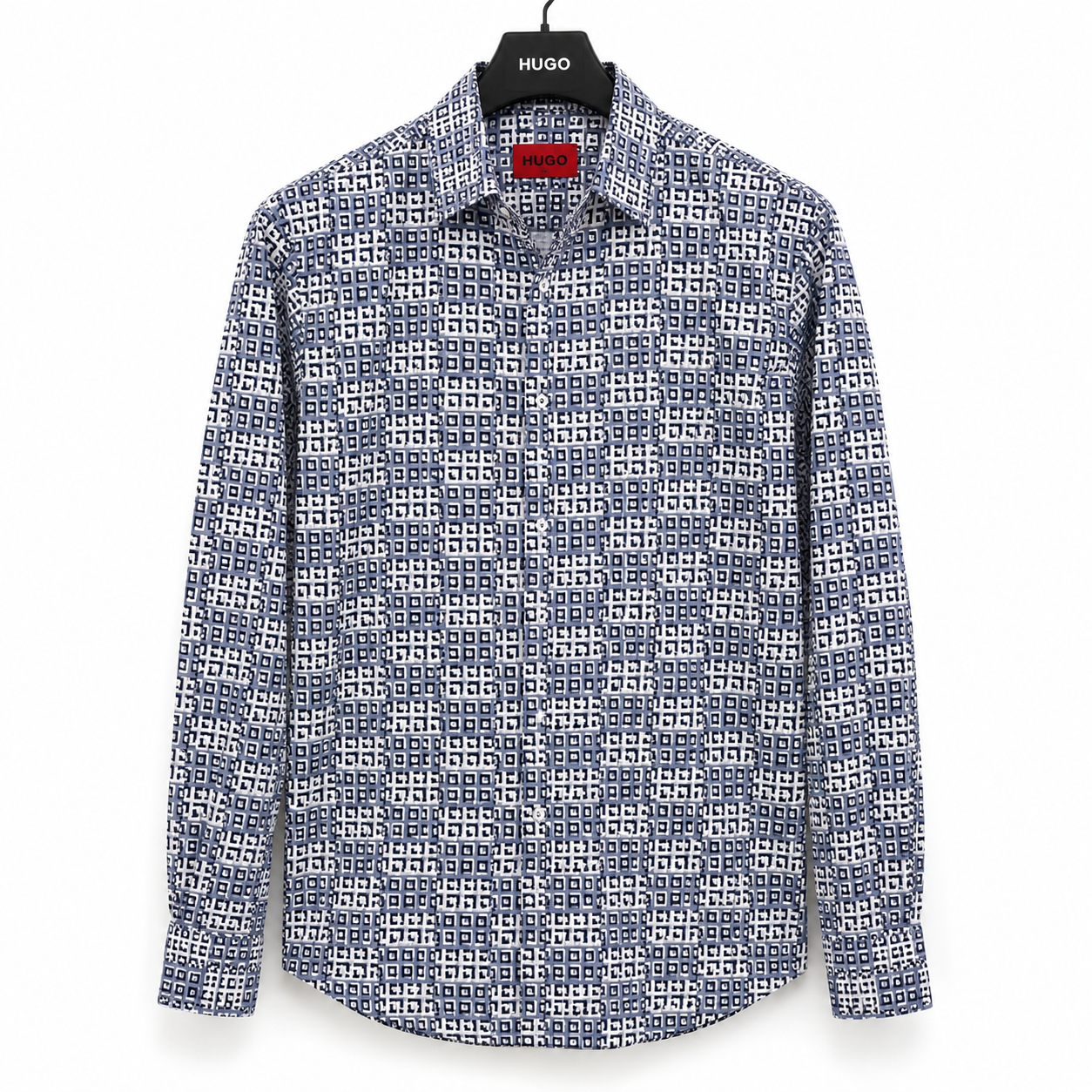 Hugo Boss Geometric Shirt Blue White 100% Cotton Size L