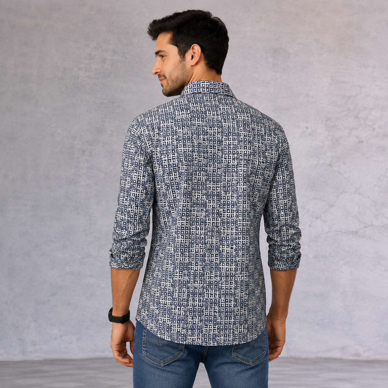 Hugo Boss Geometric Shirt Blue White 100% Cotton Size L
