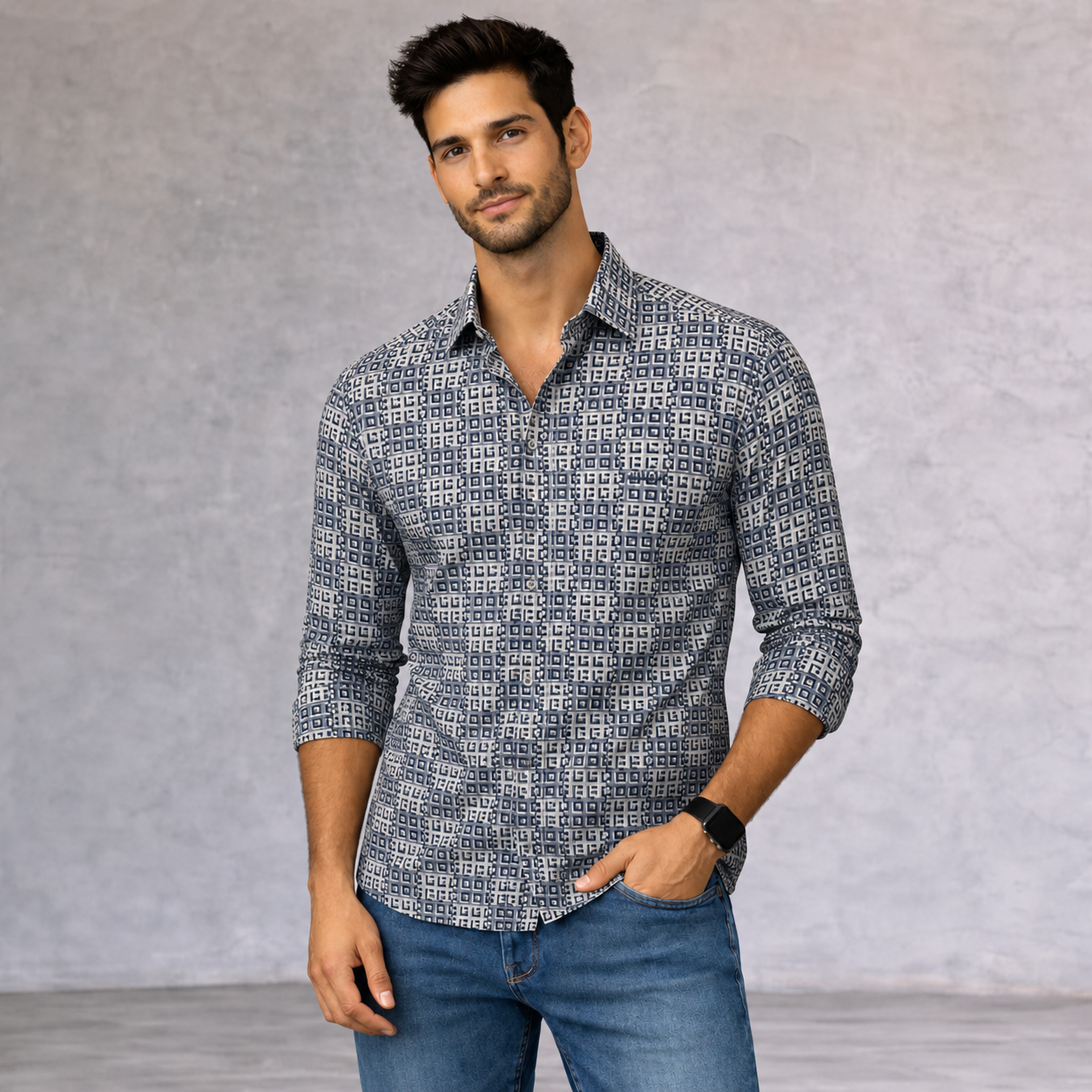 Hugo Boss Geometric Shirt Blue White 100% Cotton Size L