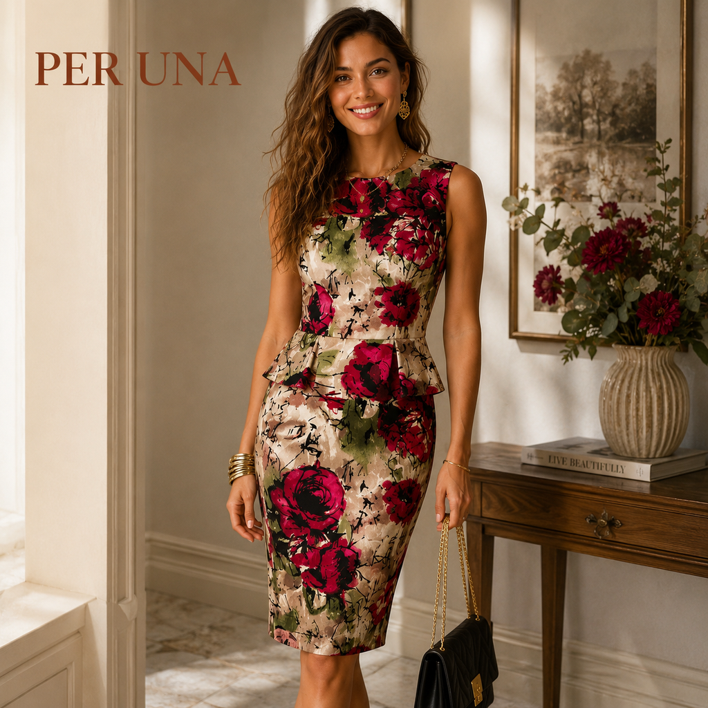 Per Una Multicoloured Floral Satin Peplum Dress UK 10