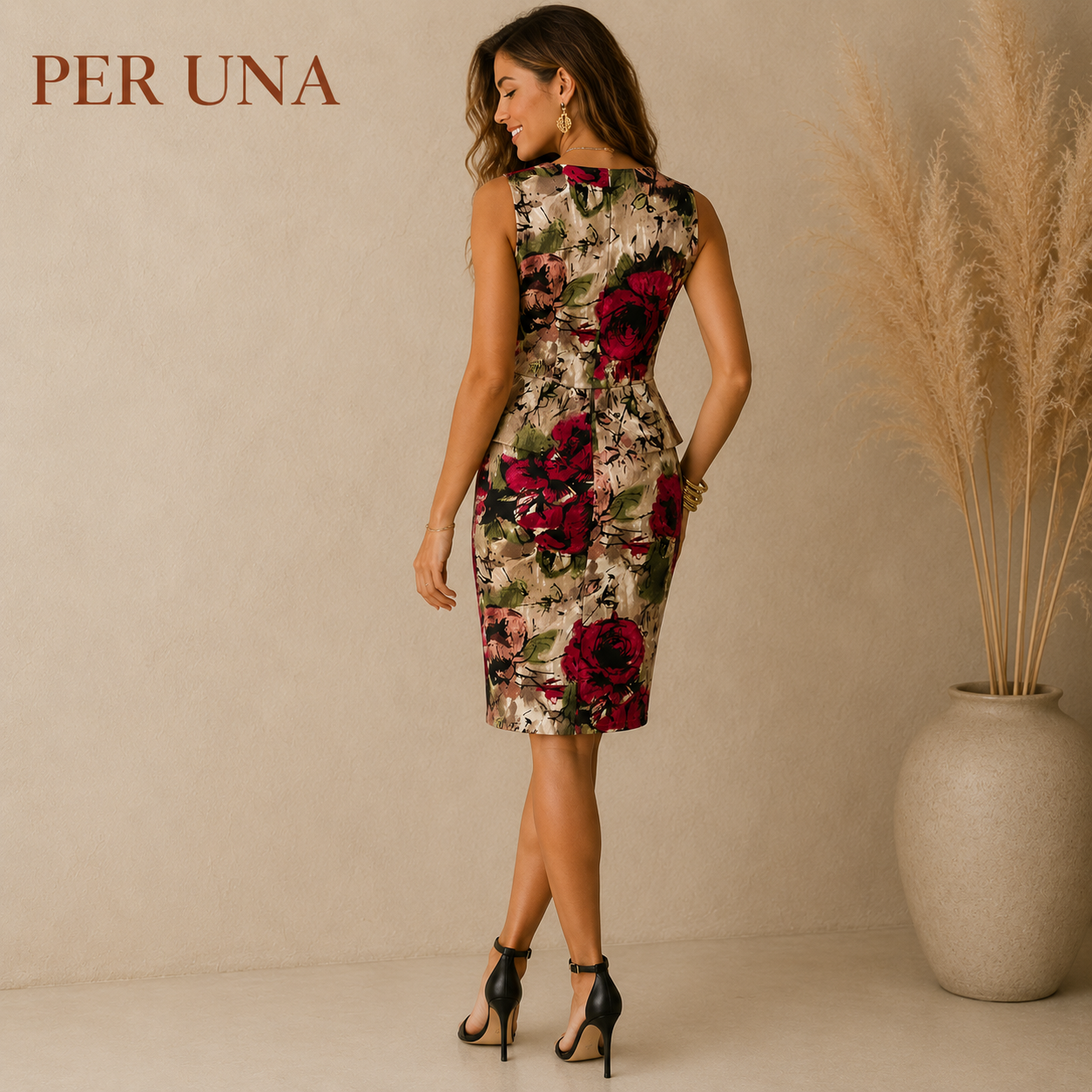 Per Una Multicoloured Floral Satin Peplum Dress UK 10