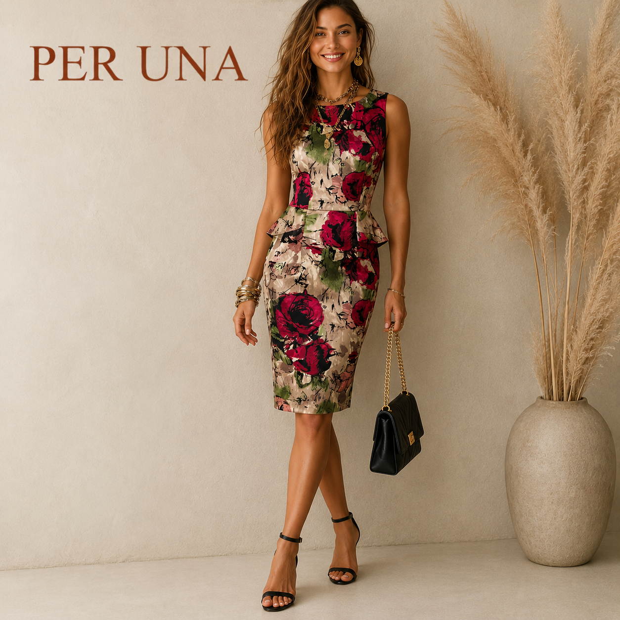 Per Una Multicoloured Floral Satin Peplum Dress UK 10