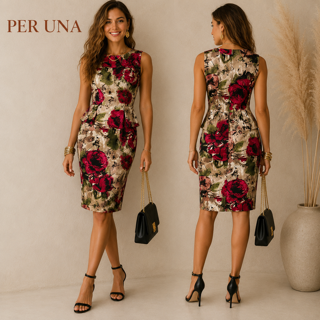 Per Una Multicoloured Floral Satin Peplum Dress UK 10