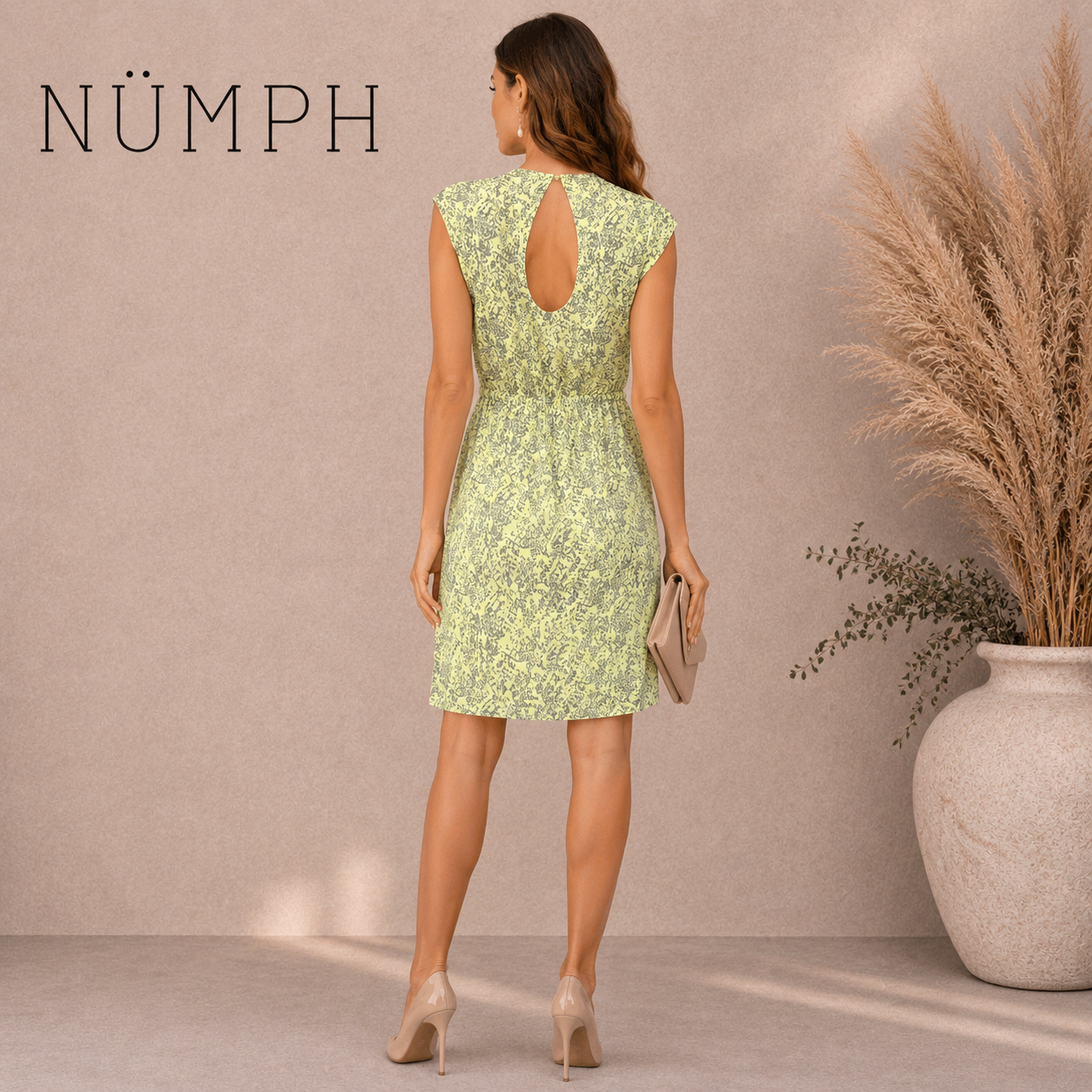 Numph Lime Yellow Grey Cotton Sleeveless Summer Shift Dress UK 12