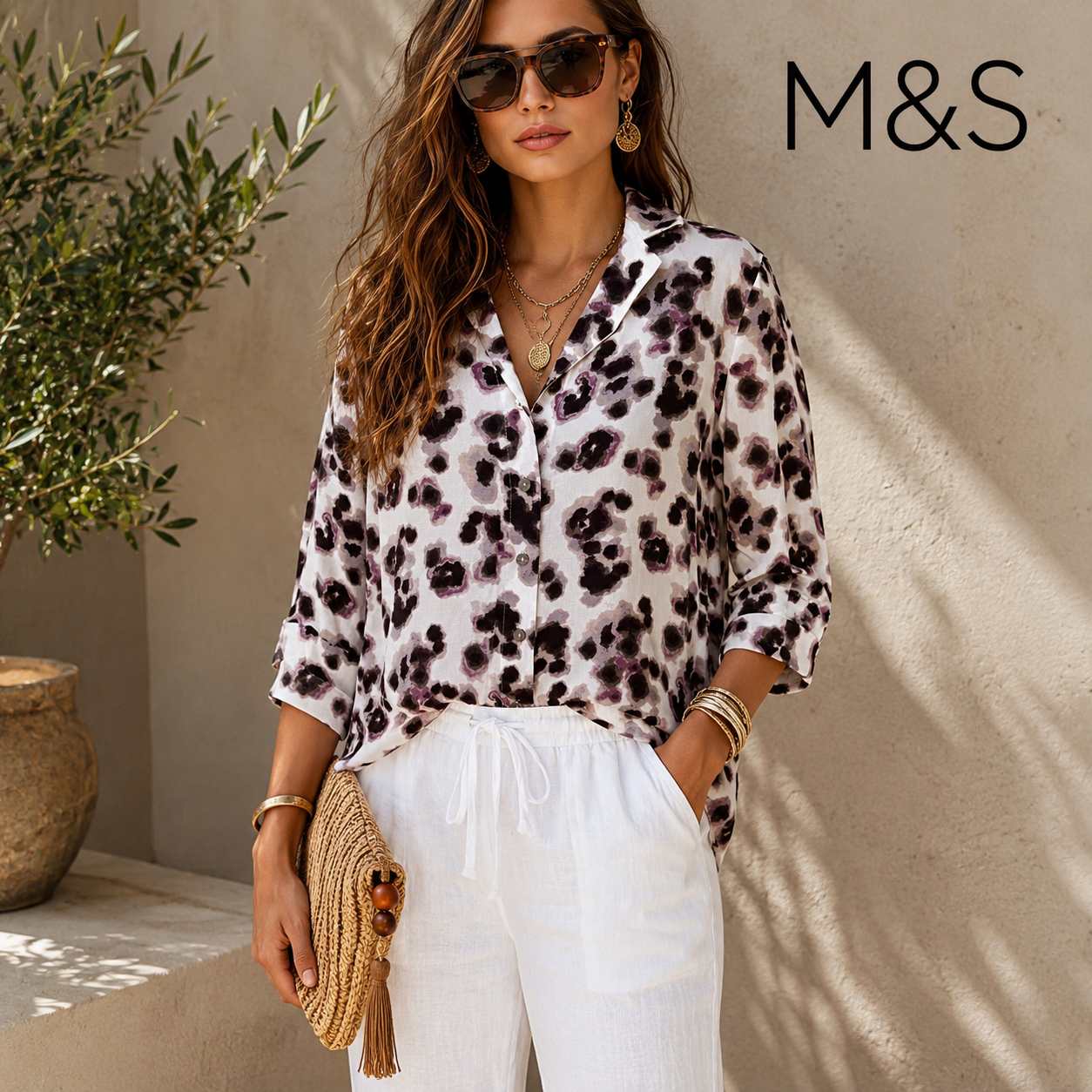M&S Ivory Purple Animal Print Summer Top UK 6