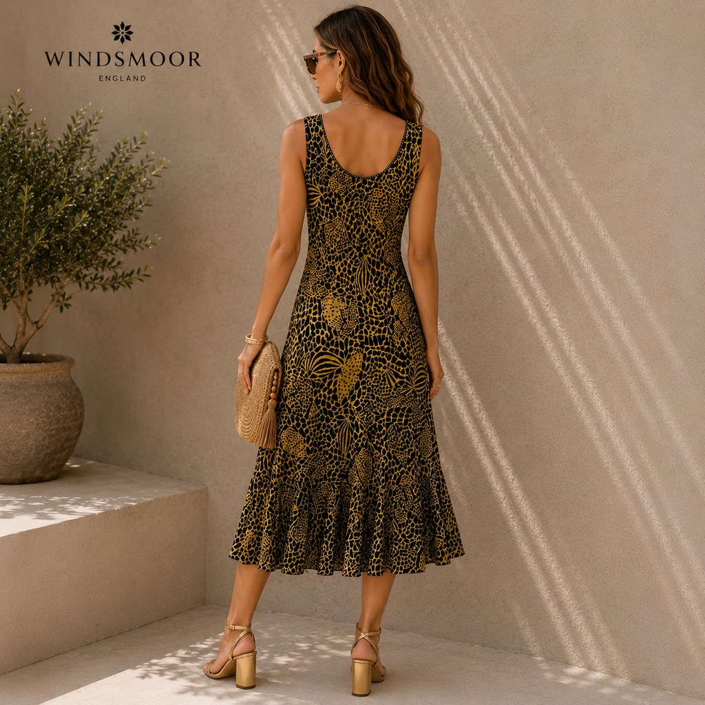 Windsmoor Yellow Black Silk Sleeveless Dress UK 10