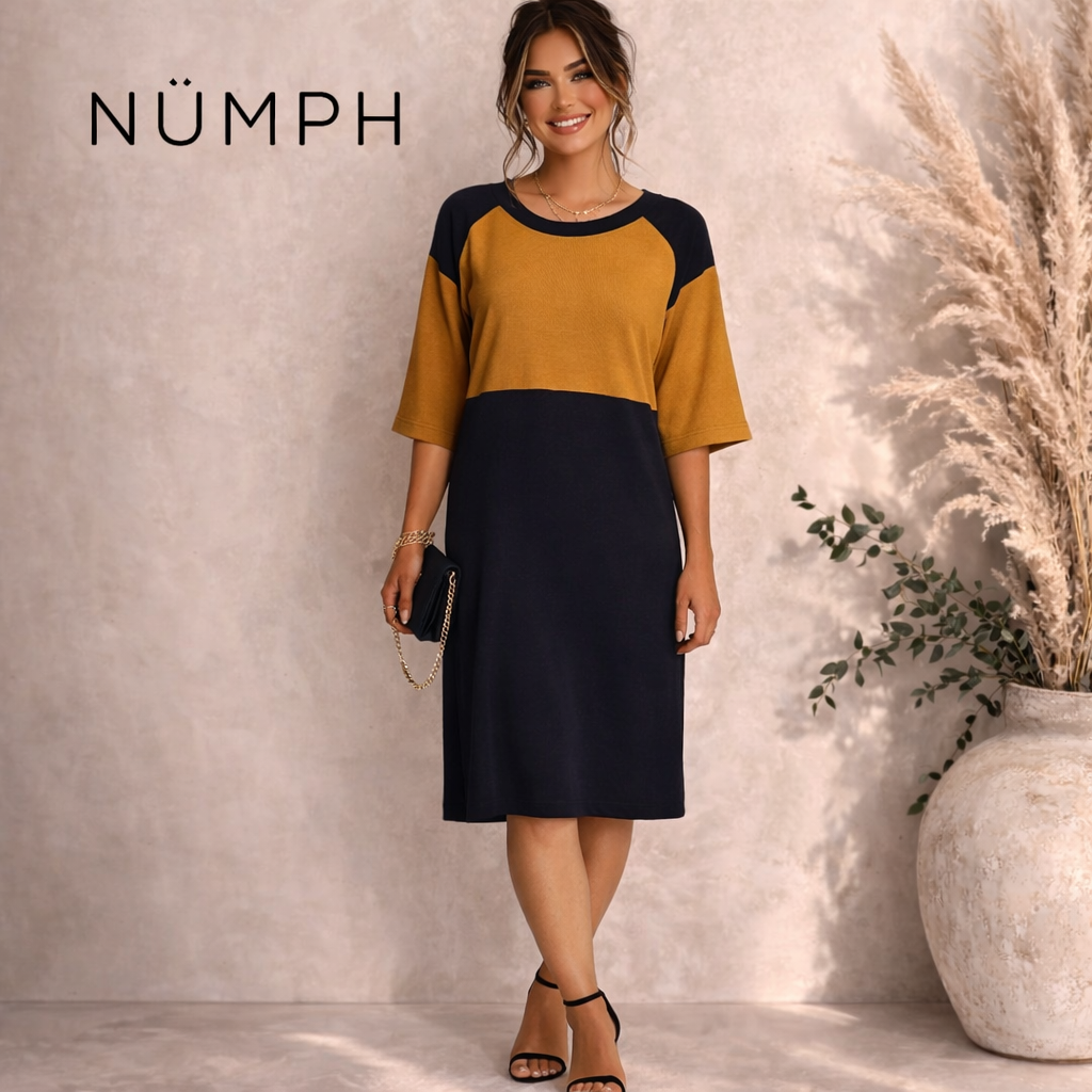 Numph Jessamina Navy & Mustard Dress UK 8