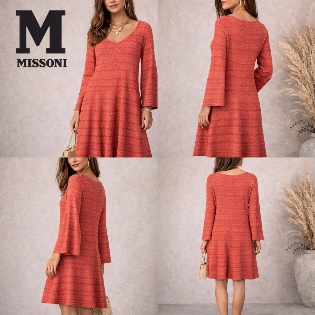 M Missoni Orange Metallic Thread Long Sleeve Dress UK 12