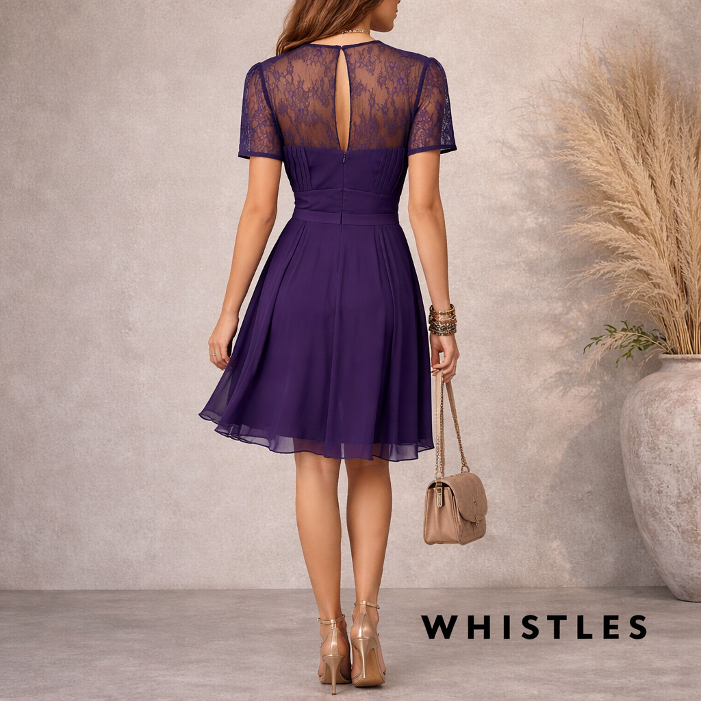 Whistles Purple Pleat Chiffon Lace Dress UK 8