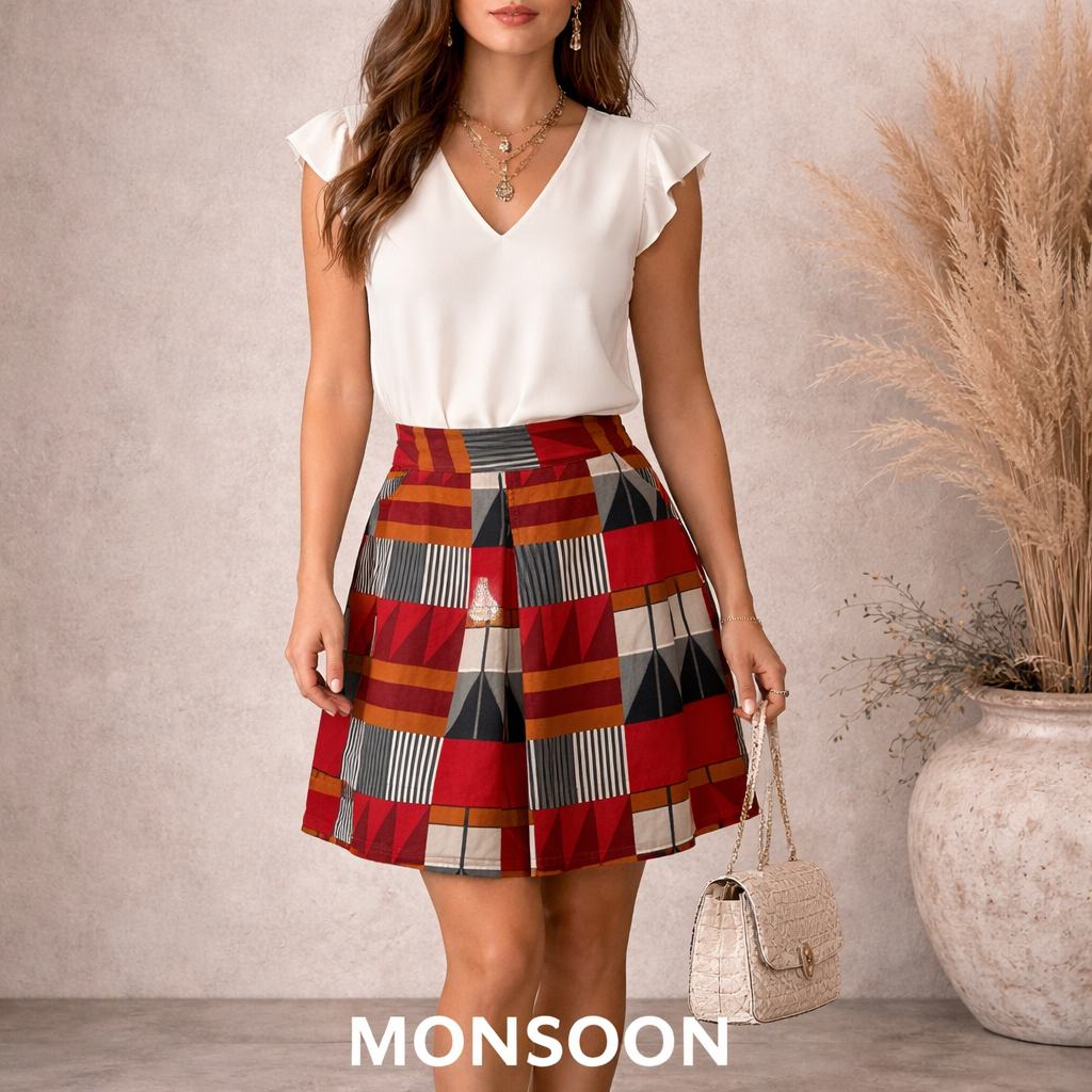 Monsoon Red Multi Coloured Needlecord Cotton Skirt UK 8