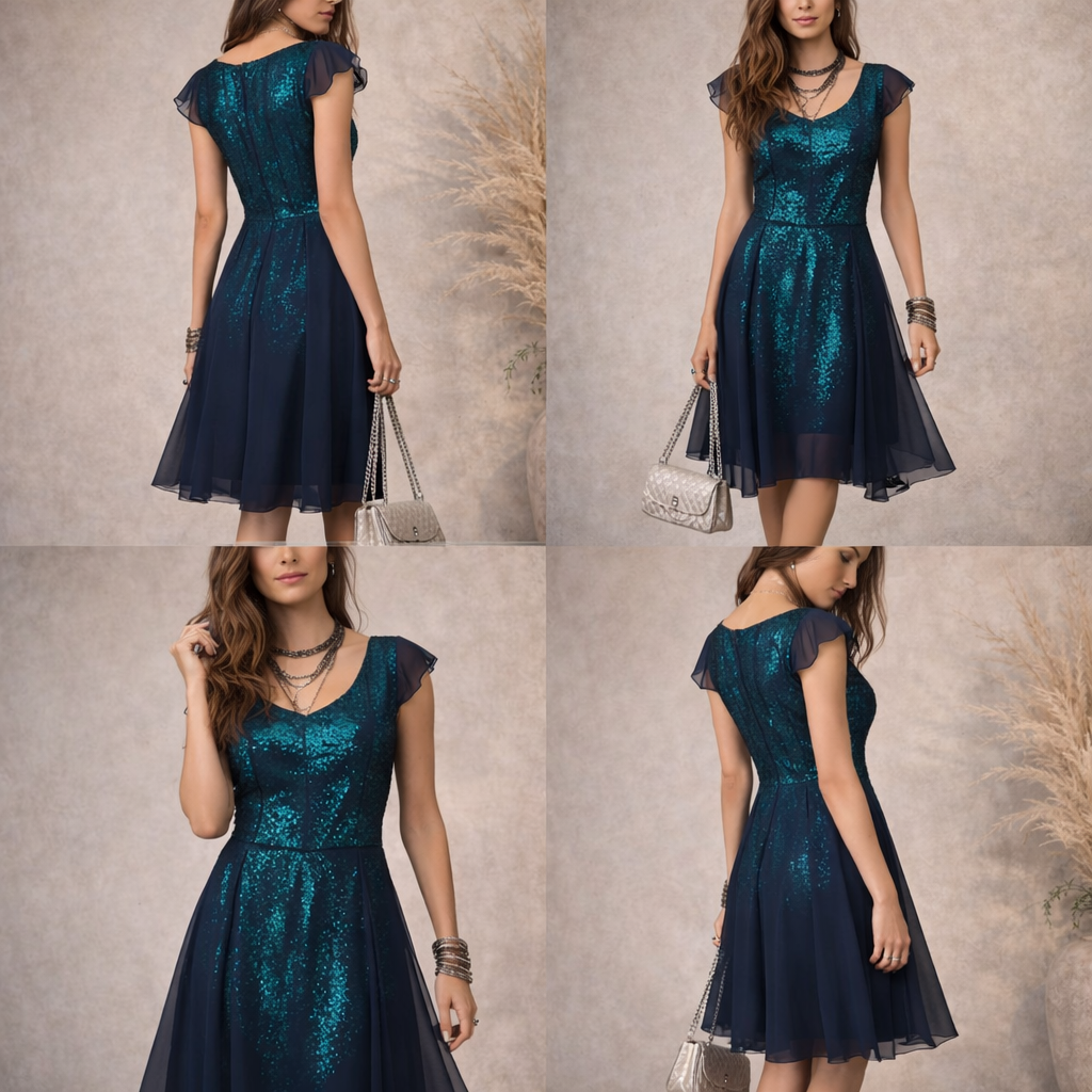 REISS Navy Chiffon Overlay, Emerald Sequin Dress UK 10